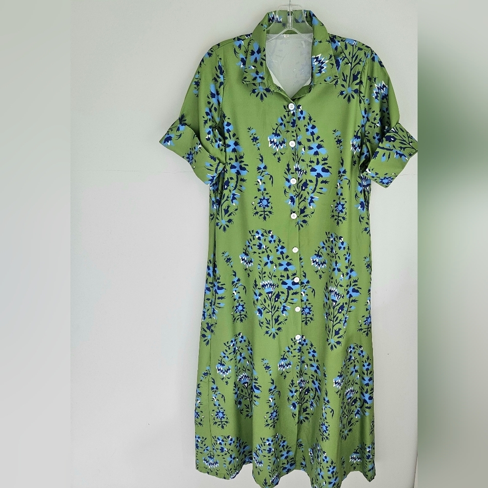 Green And Blue Floral Button-Up Dress